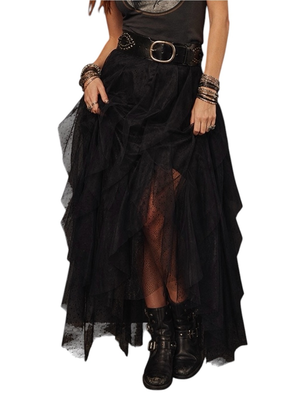 Blue B Collection Black Tulle Boho Romantic Tiered Sheer Long Maxi Skirt Large